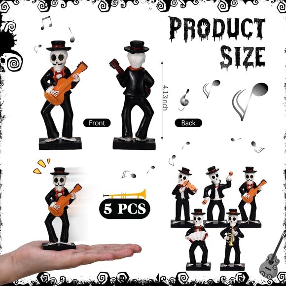 5 Pcs Mariachi Band Skull Folk Musician Players Skeletons Halloween Figurines - Picture 3 of 7